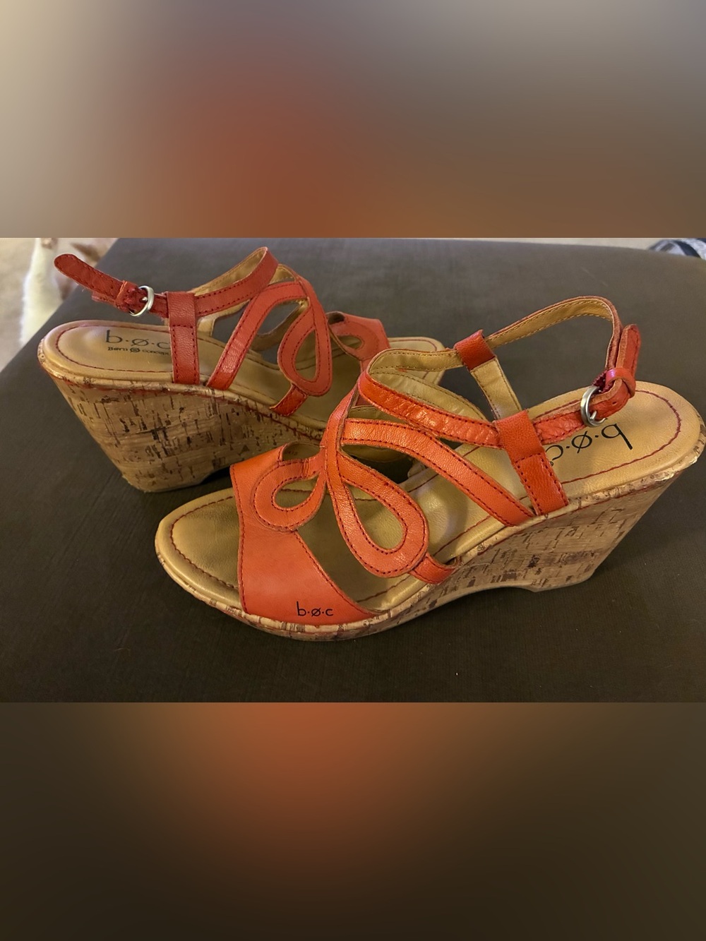 b.o.c. Born Concept Leather Strappy Cork Wedge Sandals Coral Orange Red 8M